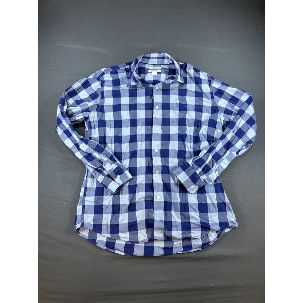 Amazon Essentials blue and white checkered long-sleeve button-down shirt Large